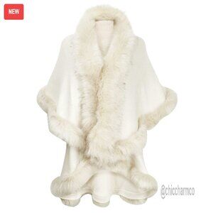 Faux Fur Trim Poncho Cape Cardigan Sweater Acrylic Free Size